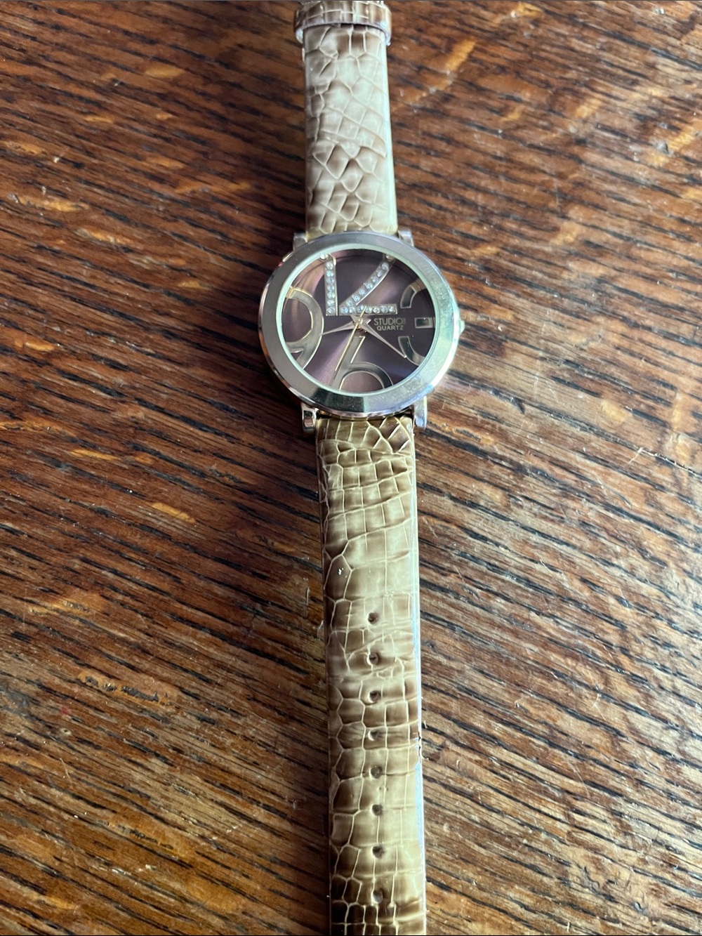 Studio Stylish Women's Brown Leather Strap Watch with Crystal Accents